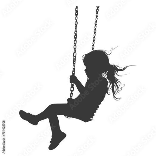 Silhouette little girl playing swing in the playground black color only