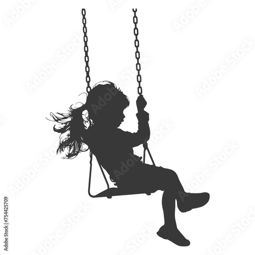 Silhouette little girl playing swing in the playground black color only