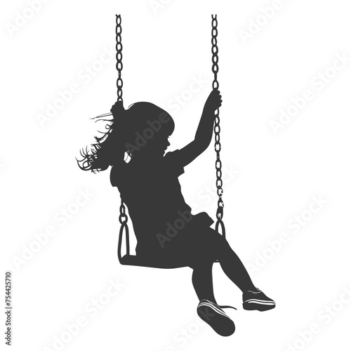 Silhouette little girl playing swing in the playground black color only