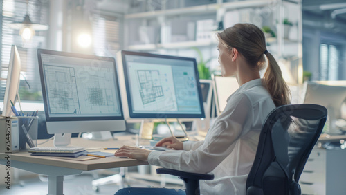 A professional woman is deeply engrossed in her architectural design work on dual monitors.