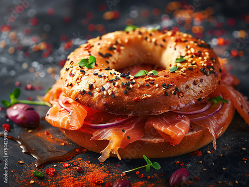 Top down view of Everything bagels with salmon lox, cream cheese and garnished with capers and sprouts. Delicious bagel and lox photography, explosion flavors