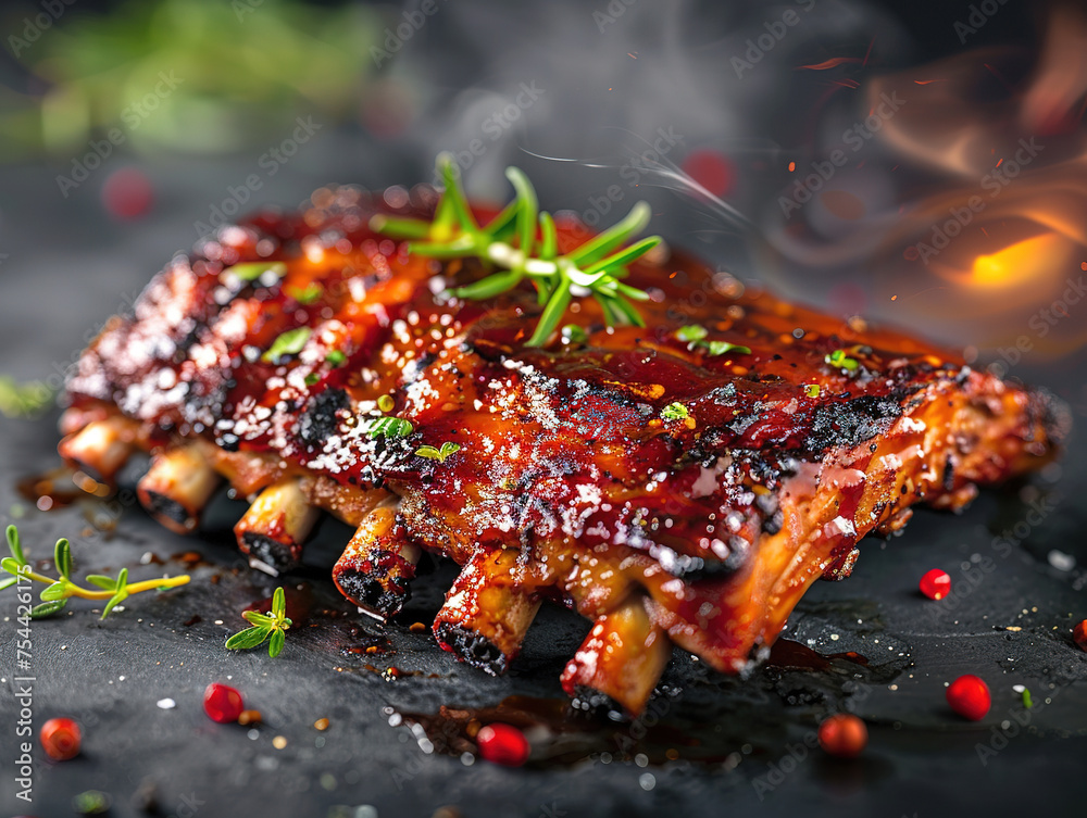 Spicy hot grilled spare ribs from a summer BBQ served with a hot chili pepper and fresh tomatoes on an old vintage wooden cutting board