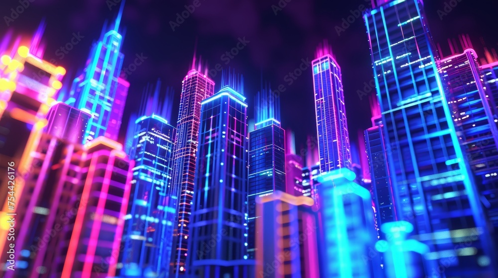 3D Rendering of neon mega city with light reflection from puddles on street heading toward buildings. Concept for night life
