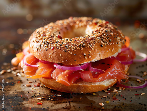 Top down view of Everything bagels with salmon lox, cream cheese and garnished with capers and sprouts. Delicious bagel and lox photography, explosion flavors