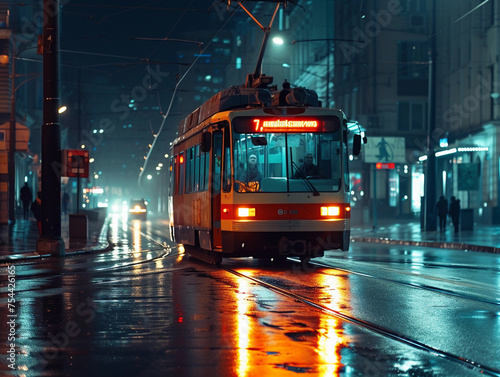 Tram in Neon-Lit City Night