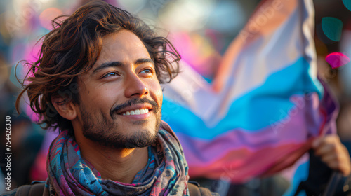 hispanic man in a march for lgbtq rights, smiling on a bisexual flag 
