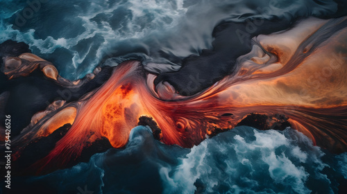lava flowing out of a volcano by an aerial view