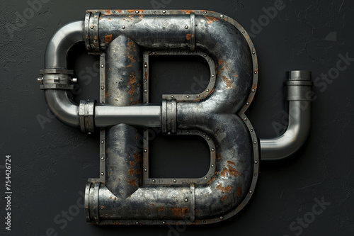 Uppercase letter B with industrial pipelines, steel or iron alphabet, factory style, metallic plumber abc 