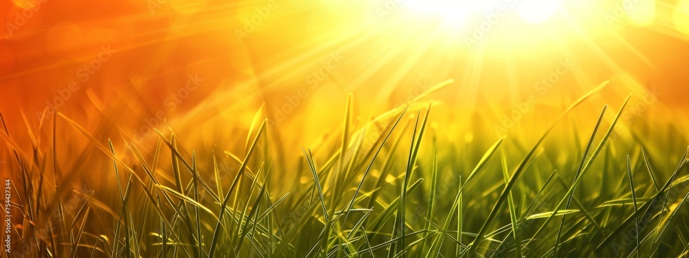 Golden Sunrise Shining Over Dew-Kissed Green Grass Field in Early Morning