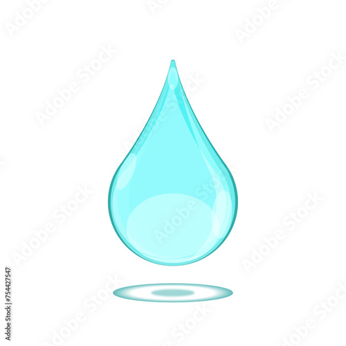 Blue droplet illustration falling down. Realistic drawing of clear water drop.