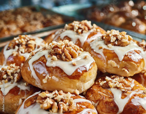 Freshly baked delicious sticky buns with glaze and chopped walnuts.