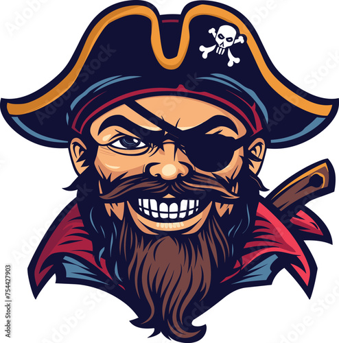 Esport vector logo pirate, icon, sticker, symbol, corsair, rover, buccaneer, filibuster. Angry pirate head face with hat and eye patch mascot design vector illustration.