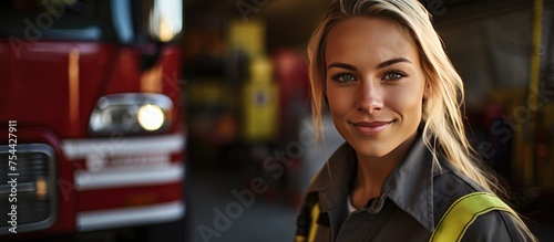 A young woman, dressed in a safety vest, stands confidently in front of a red fire truck, ready for action. The scene conveys readiness and preparedness for emergency situations.