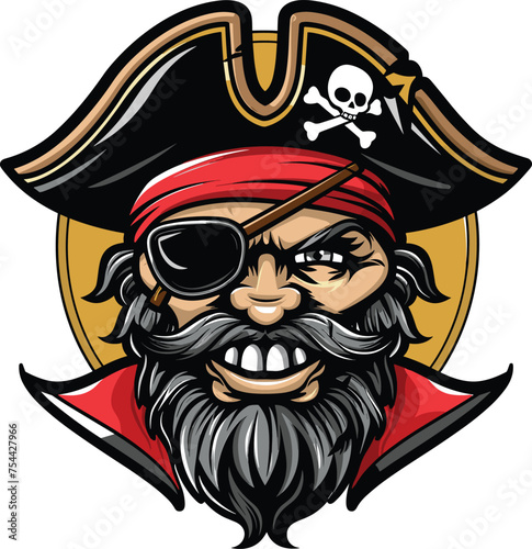 Esport vector logo pirate, icon, sticker, symbol, corsair, rover, buccaneer, filibuster. Angry pirate head face with hat and eye patch mascot design vector illustration.
