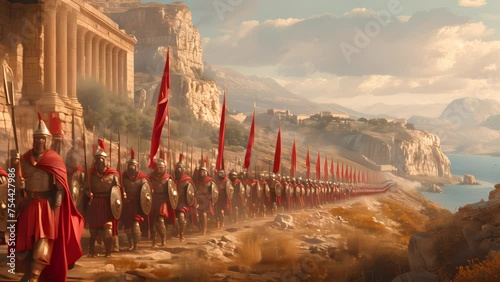 4K HD video clips General Athene leads his warriors into battle against the Persian army at Marathon Beach. photo
