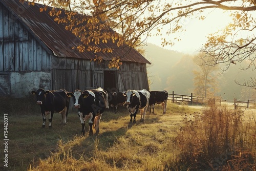 cows on farm in summer. Domestic barnyard animals.