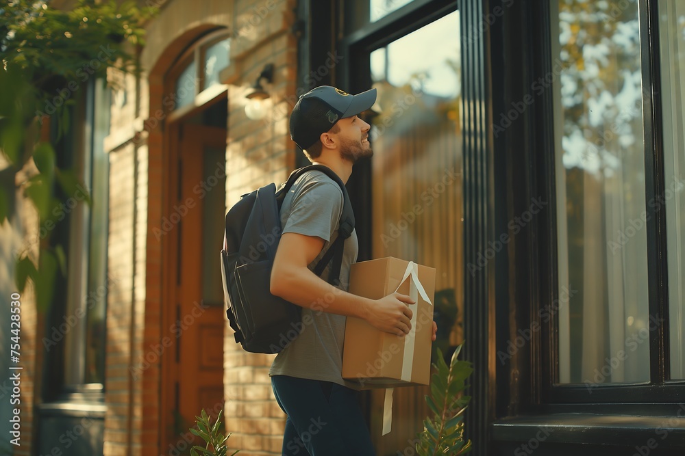 a courier knocking on a customer's door to deliver a package, the courier carrying a backpack. With a friendly smile, they wait patiently a courier knocking on a customer's door to deliver a package, the courier carrying a backpack. With a friendly smile, they wait patiently