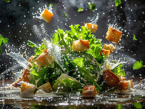 Delicious Caesar salad photography, explosion flavors, studio lighting, studio background, well-lit, vibrant colors, sharp-focus, high-quality, artistic, unique