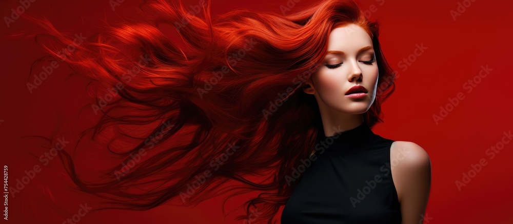 A portrait of a striking red-haired woman with her hair flying in the wind, wearing a chic black cocktail dress. The background is red, providing a bold contrast. The woman exudes confidence and style A portrait of a striking red-haired woman with her hair flying in the wind, wearing a chic black cocktail dress. The background is red, providing a bold contrast. The woman exudes confidence and style
