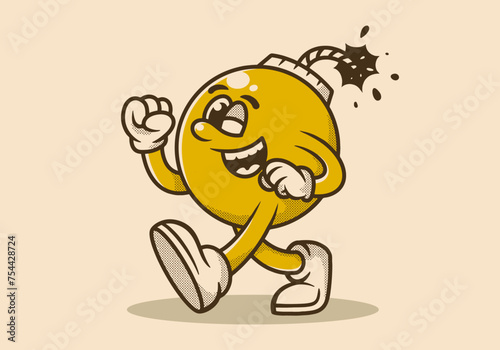 Vintage illustration of walking bomb mascot character with happy face