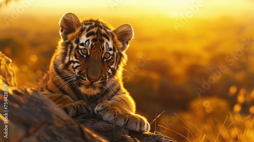 Animal wildlife baby tiger with natural background in the sunset view, AI generated © atapdesain