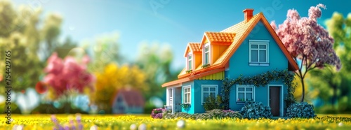 Charming miniature blue house with orange roof in a vibrant, colorful neighborhood surrounded by lush greenery and blooming flowers, under a sunny sky. photo