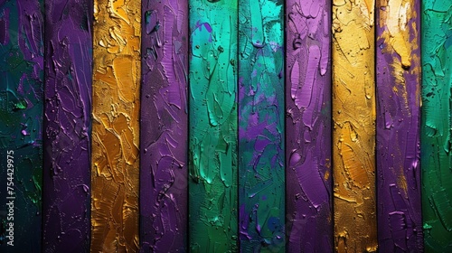 Vibrant purple, green, and gold stripes with glitter effect background, capturing the festive spirit of Mardi Gras