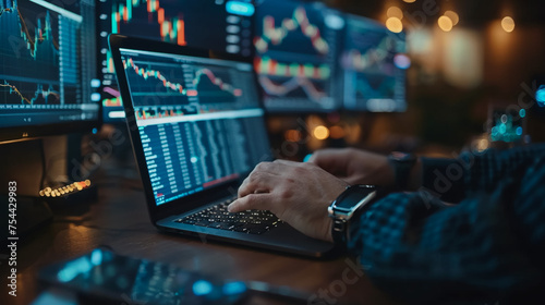 Crypto trader investor analyst broker using pc computer analyzing digital cryptocurrency exchange stock market charts graphs thinking of investing funds risks in trading platform global analytics. © AIDesign