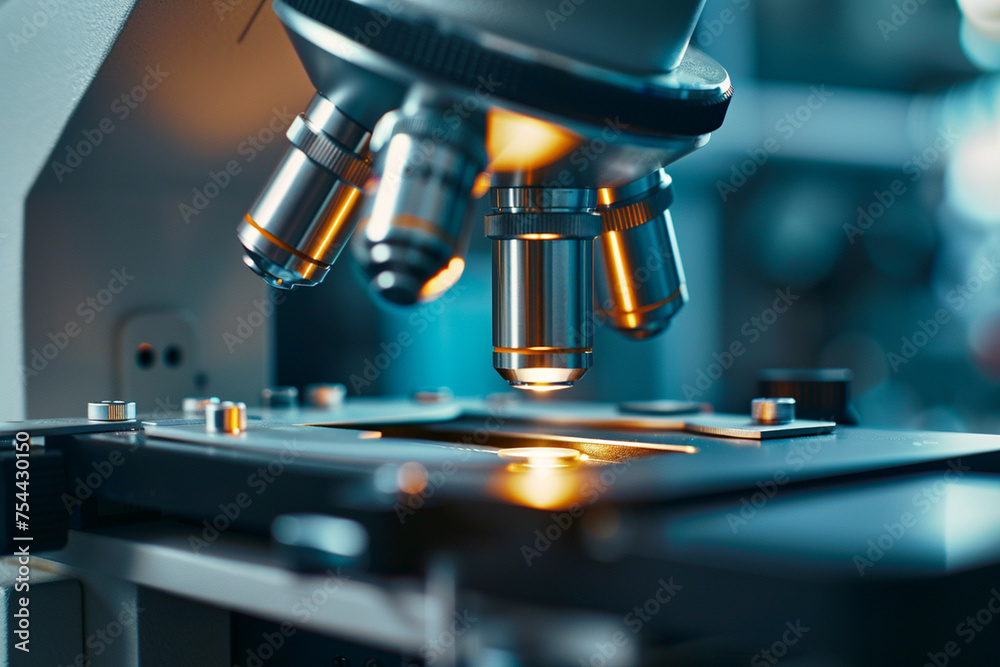 A close-up shot reveals a microscope with a metal lens in a laboratory setting. The lens gleams under the light, showcasing intricate details of its construction. Surrounding equipment suggests A close-up shot reveals a microscope with a metal lens in a laboratory setting. The lens gleams under the light, showcasing intricate details of its construction. Surrounding equipment suggests