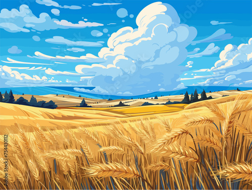 Vector landscape illustration of beautiful wheat field