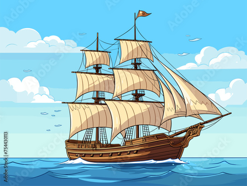 simple Vector in modern thin line style of wood ship 
