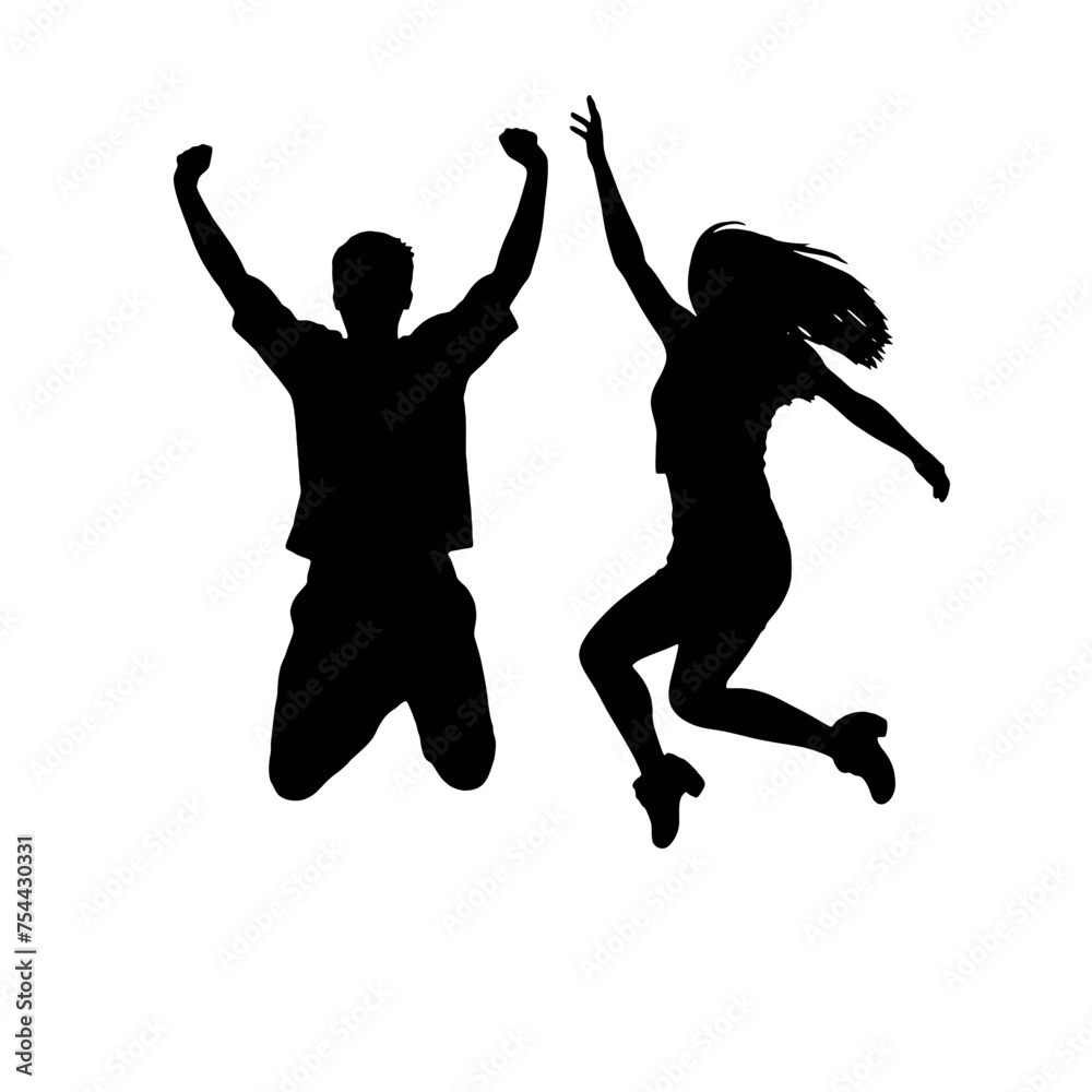 Silhouettes of man and woman jumping Silhouettes of man and woman jumping