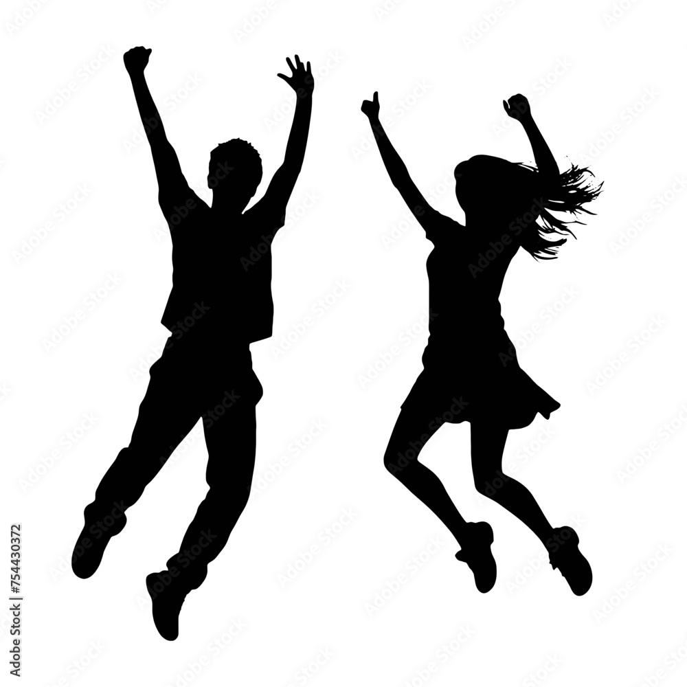 Silhouettes of man and woman jumping Silhouettes of man and woman jumping