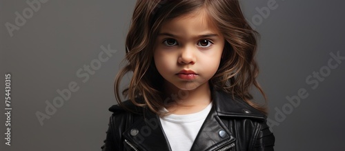 A young girl, dressed in a leather jacket and white t-shirt, striking a pose for a picture against a light background. She exudes confidence and personality as she poses for the camera. photo