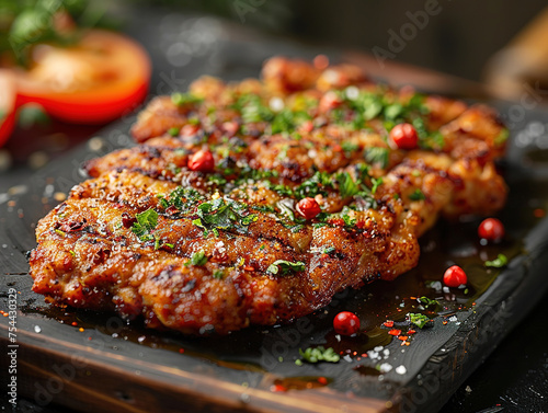 Delicious chicken-fried steak photography, explosion flavors, studio lighting, studio background, well-lit, vibrant colors, sharp-focus, high-quality, artistic, unique