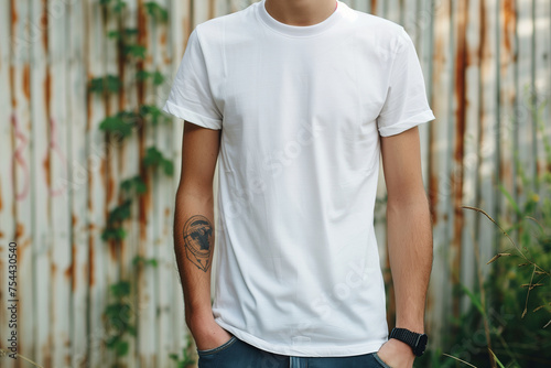 A man with a white t-shirt with no design on urban background