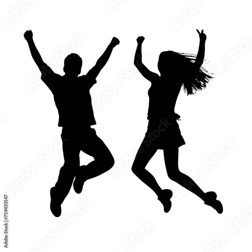 Silhouettes of man and woman jumping