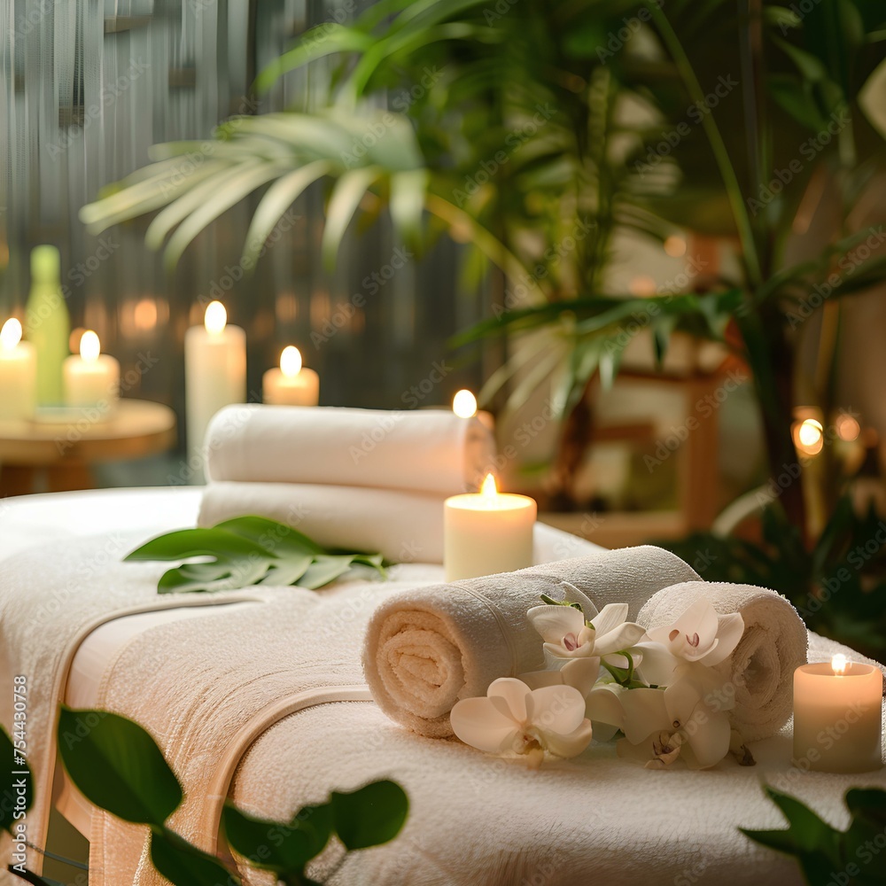 Spa still life setting with candles, flowers, and natural elements promoting relaxation, beauty, and health