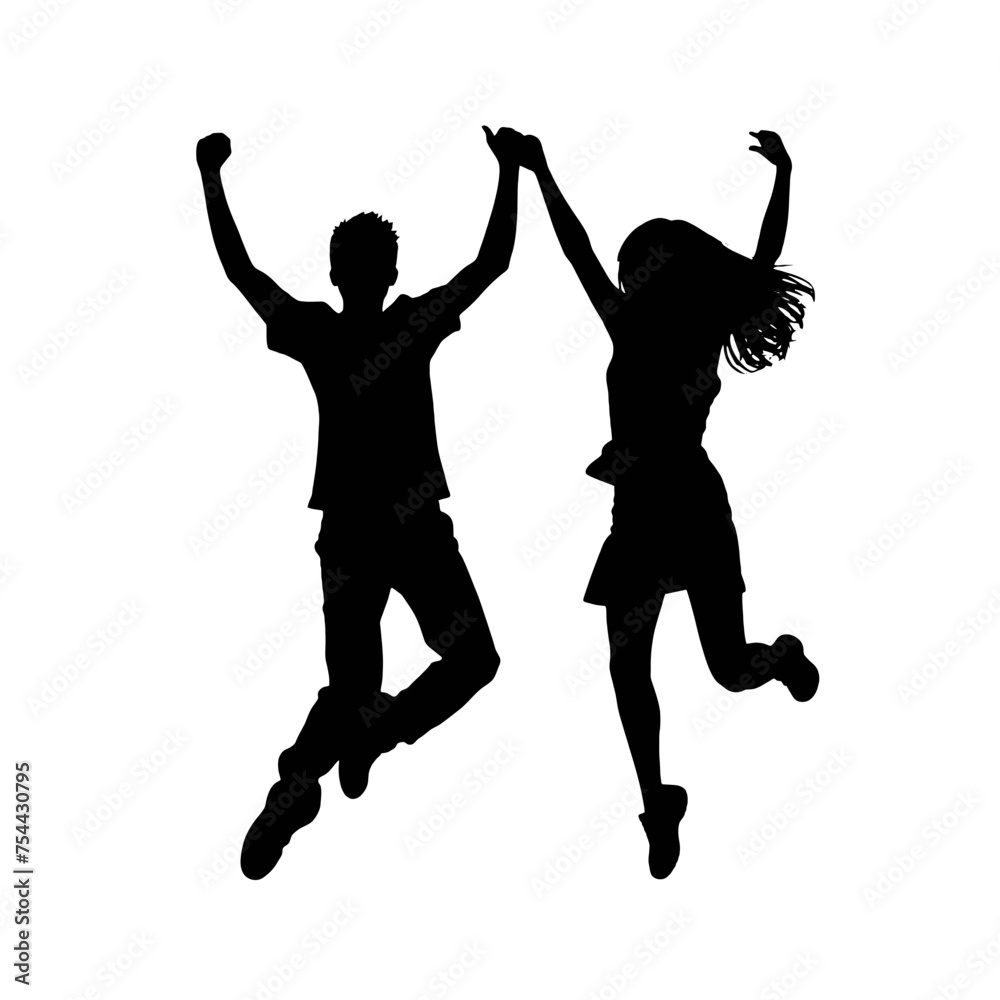 Silhouettes of man and woman jumping Silhouettes of man and woman jumping