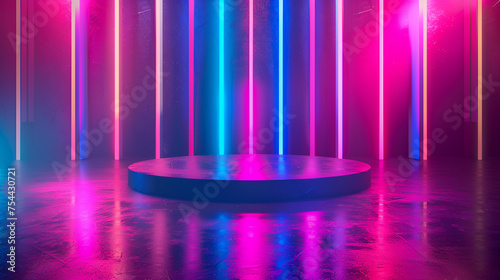 Empty stage, podium, place for product. Colored neon lights. 3d rendering image. Blurred reflections on the floor. Place to present a product