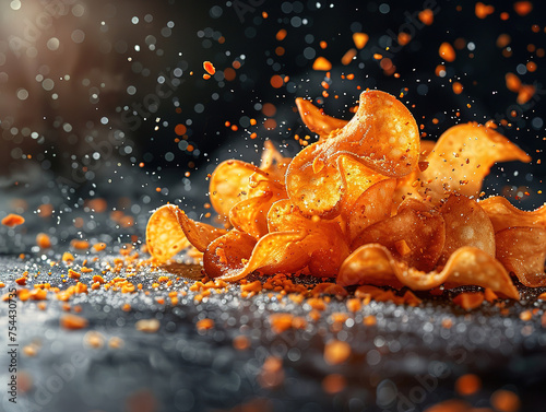 Potato chips. Delicious chips photography, explosion flavors, studio lighting, studio background, well-lit, vibrant colors, sharp-focus, high-quality, artistic, unique