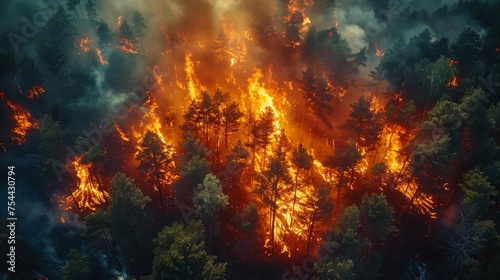 Intense wildfire consuming a pine forest captured from above. © Lila DK