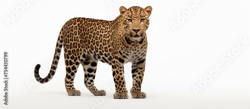 A confident cheetah is standing prominently in front of a white background. The cheetahs sleek body and powerful stance are showcased in this simple yet striking composition.