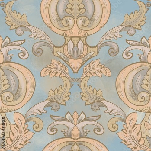 Seamless pattern in baroque style with stylized tomatoes and accanthus leaves on a blue pastel background. Suitable for interior, wallpaper, fabrics, clothing, stationery.