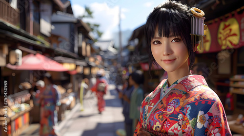 A young woman wearing a vibrant kimono stands poised on an old street in Japan, with traditional shops in the background. 