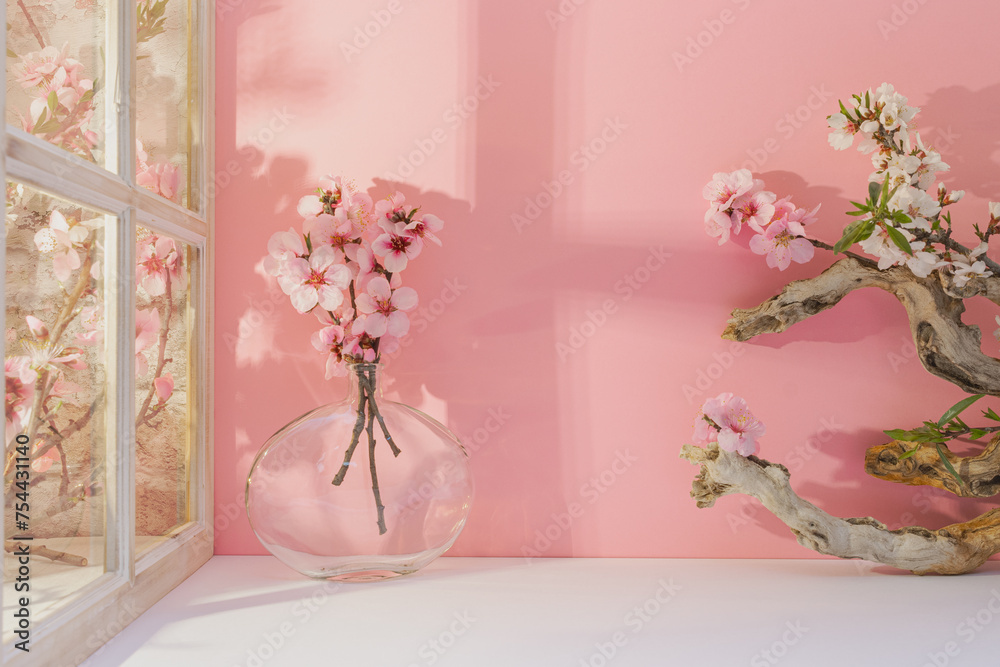 Obraz premium Présentation pour arrière plan de fleurs d'amandiers dans un vase sur un fond rose. Décoration pour un mariage, naissance, baptême. 