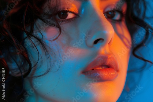 A studio portrait photography of an Asian girl, emotional face shines under red and blue lights, professional cinematic close up of woman face for cosmetics advertising banner, AI Generated