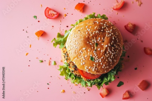 vegan cheeseburger on pink background with some ingredients around with a bit of mess. Vegetarian meat supplement burger on pastel backdrop view from above.