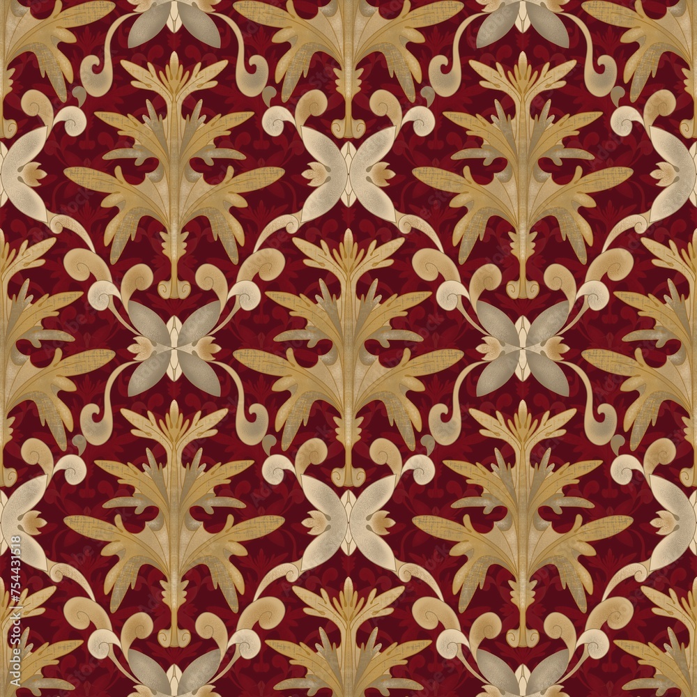 Seamless pattern in Baroque style with stylized accanth leaves on a burgundy background, radial symmetry. Suitable for interior, wallpaper, fabrics, clothing, stationery. Seamless pattern in Baroque style with stylized accanth leaves on a burgundy background, radial symmetry. Suitable for interior, wallpaper, fabrics, clothing, stationery.