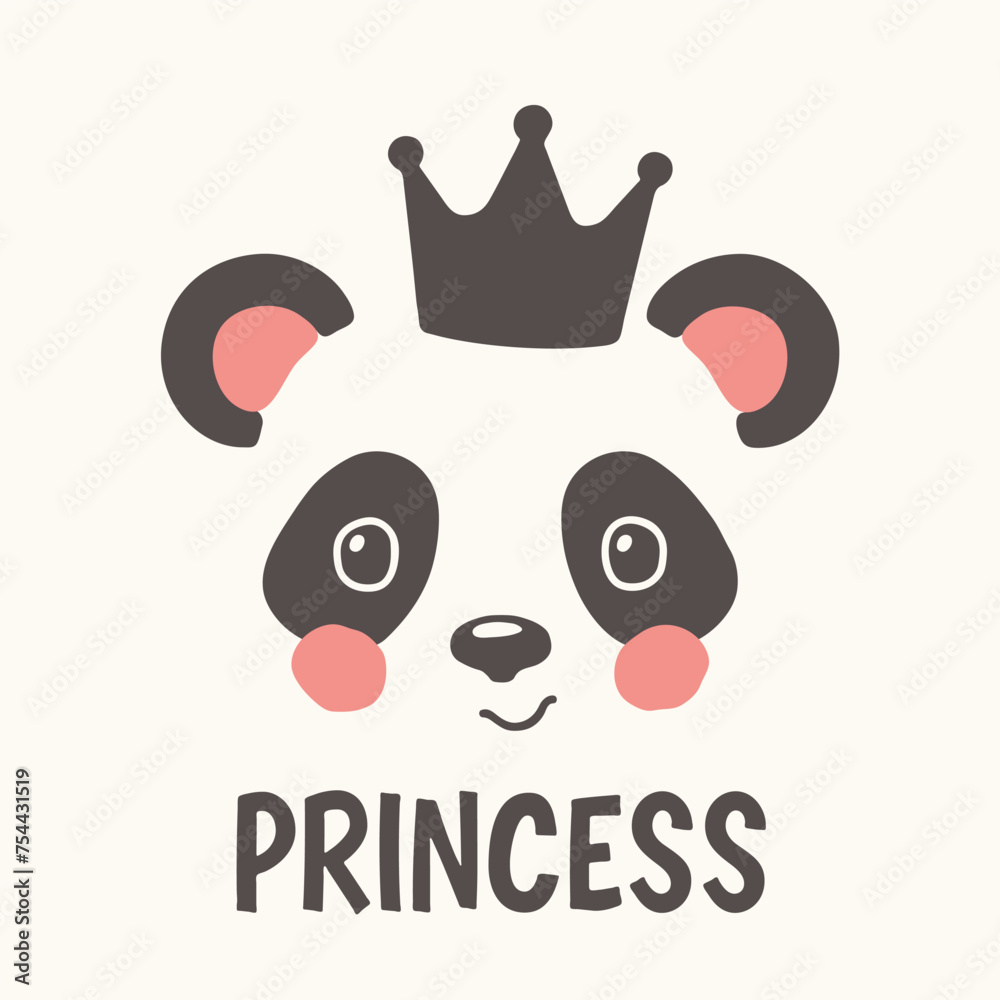 Fototapeta premium Princess slogan text, panda with crown for t-shirt graphics, fashion prints, posters and other uses